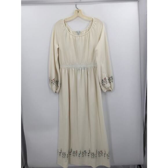 Vintage Leslie Fay Cream Dress Embroidery Maxi Long Sleeve cOTTON bLEND MEDIUM - Picture 2 of 12